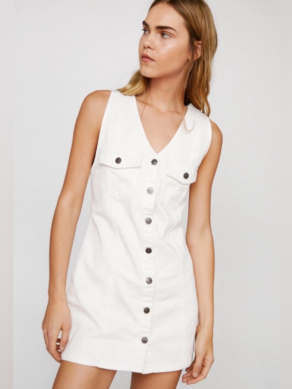 Nasty Gal Denim Mini Dress Button Front Sleeveless Utility Dress Cream Size 0